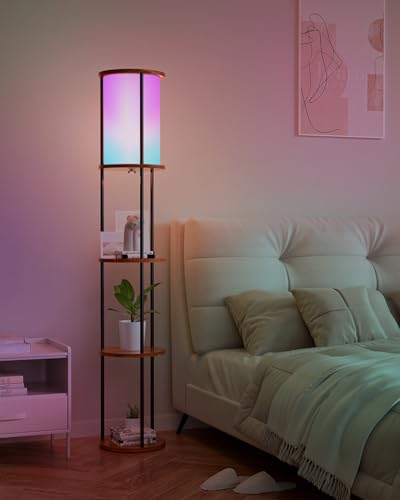 Image of Lightdot 61 inch RGB Floor Lamp with Shelves, 3-Tier Storage Smart Remote Control Standing Lamp with Fabric Shade, Bulb Included, Dimmable Floor Lamps for Living Room /Sofa Beside /Corner Decor (Black)