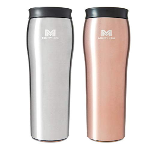 Two Pack - Silver + Rosegold - Mighty Mug - Stainless Steel Non-Tip Travel Mug - Double-Wall Insulated - Keeps Coffee, Tea and Drinks Hot for 6 Hours cold for 24 Hours, Leakproof, BPA-Free Tumbler, 16