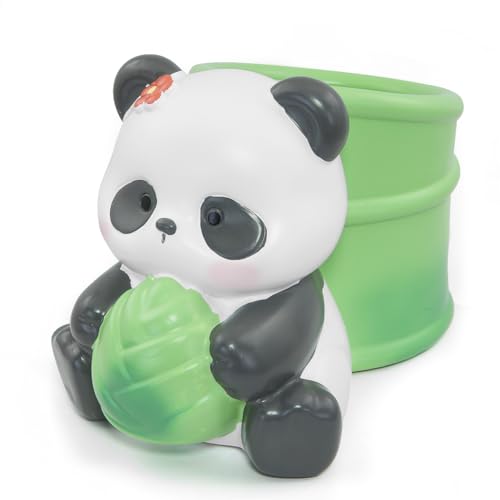 Winterworm Bonito portalápices de panda con bambú para lápices, soporte para lápices, soporte para bolígrafos de animales, organizador de brochas de escritorio, decoración de escritorio para niños,