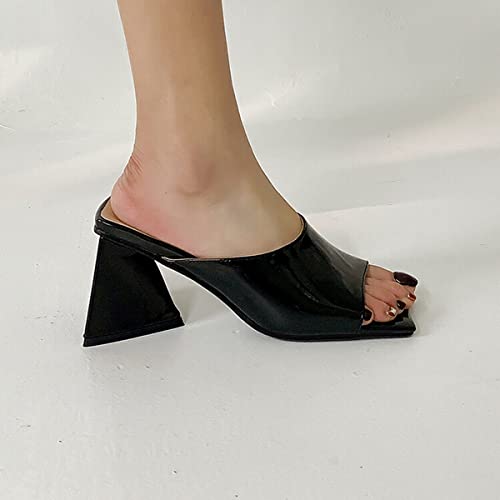 CoceMoce Stylish High Heel Slide Sandals for Women Square Open Toe Backless Slip-On Heeled Mules Slippers Patent Leather Dress Shoes Summer Party Vacation Holiday4