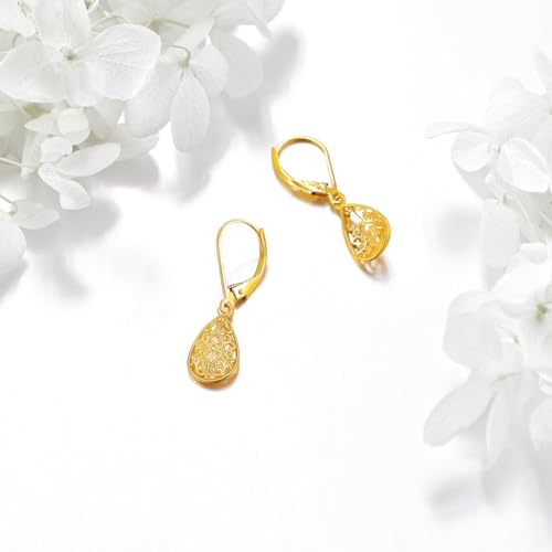 14K Solid Yellow Gold Filigree Dangle Earrings for Women Real Gold Teardrop Leverback Earrings Birthday Jewelry Birthday Gifts for Wife Mom3
