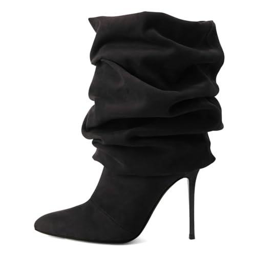 Pazzion Women Fashion Closed Almond Toe Stiletto High Heel Mid Calf Boots Slouchy Wrinkled Pull On Winter Booties Commuting Office Shoes Size 4-16 US2