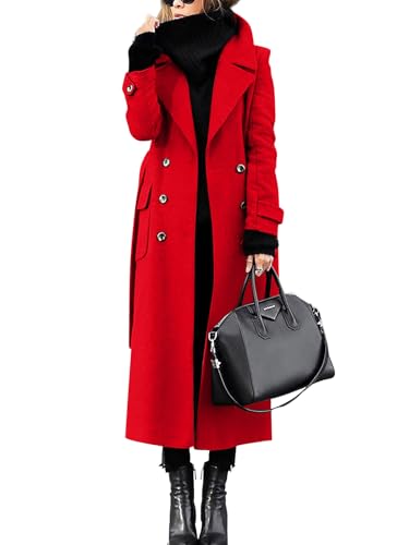 Womens Long Pea Coat Double Breasted Lapel Wool Blend Coat Casual Winter Overcoat
