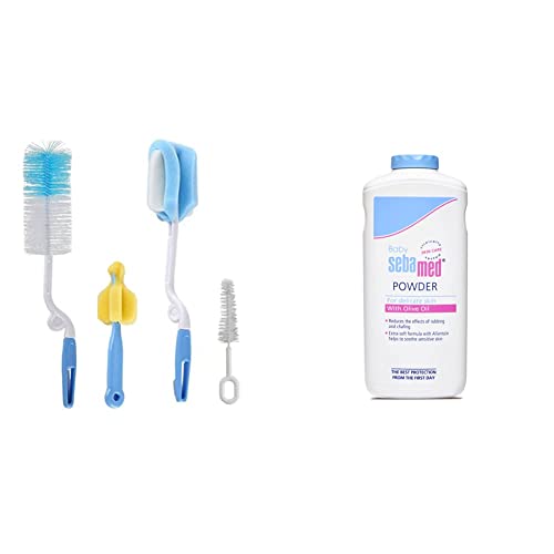 Image of SYGA 4 Pcs Baby Milk Bottle Nipple Straw Brush Sponge Nylon Cleaning Brush Cleaner Bottle Tong Set R&Sebamed Baby Powder, Multicolor, 200 Gram