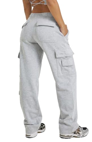 Waitfairy Cargo Sweatpants for Women Straight Leg Fleece Lined Joggers Women Barrel Baggy Sweat Pants for Girls Fall Outfits Grey S
