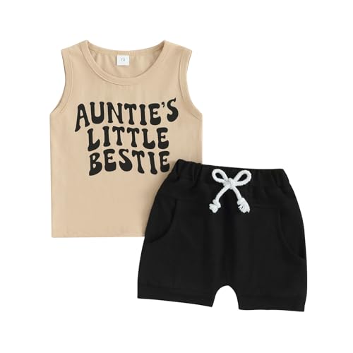 Aunties Bestie Baby Short Outfit Infant Boy Auntie Letter Vest Top Solid Active Jogger Shorts 2Pcs Summer Clothes (Khaki, 2-3 Years)
