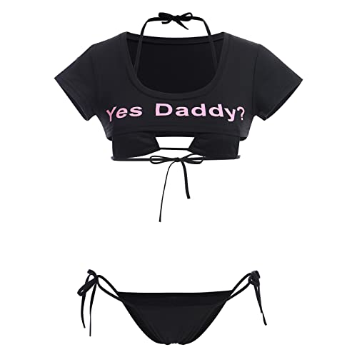 ABAFIP Women Cute Kawaii Yes Daddy Japanese Anime Cosplay Bikini Lingerie set Micro Tiny Bra Panty...