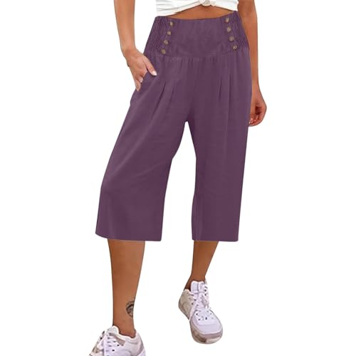 Pantalons 3/4 femme coton lin ample et léger pour look jogging lâche et décontracté