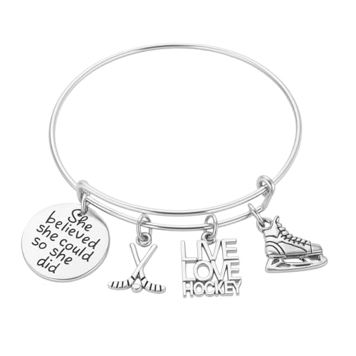 Sportybella - Hockey Bangle Bracelet, 'She Believed She Could So She Did' Ice Hockey Gift, Silver
