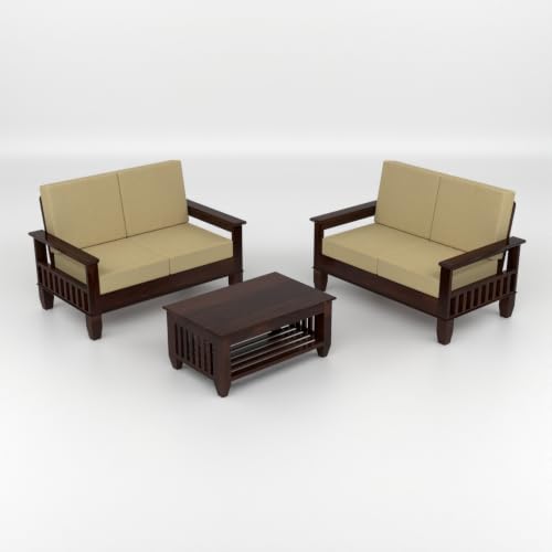 Image of Solid Sheesham Wood 4 Seater Sofa Set for Living Room | Premium Wooden Sofa with Cushioned Fabric Seats | Side Magazine Rack | Modern Furniture for Home & Office