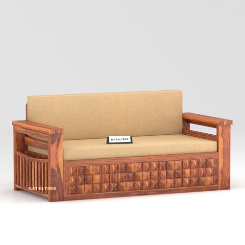Image of Sheesham Wooden Sofa Cum Bed for Living Room with Side Pocket Storage - 3 Seater Sofa Cum Bed with Storage - 3 Person Sofa Cum Bed Wooden with Premium Cushion Seating (Honey F)