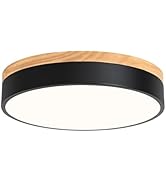 YURNYQ Dimmable Wood LED Ceiling Light Fixture, Black Round Low Profile Flush Mount Ceiling Light...