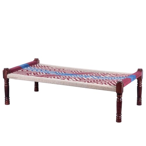 Image of Solid Sheesham Wood Charpai Khat Bed | Wooden Khatiya Charpai Desi | Handcrafted Khatiya Bed with Cotton Rope | Strong Khat for Indoor & Outdoor Use | 6X3 Feet | Dori 2 Wine Blue