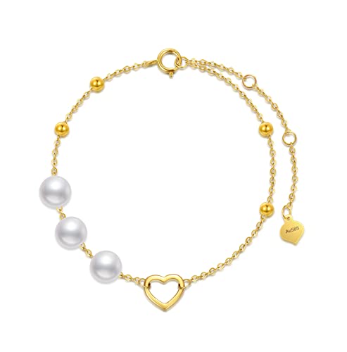 Solid 14kt Gold Heart Bracekets, Simple Gold Handpicked Culturead Pearl Heart Bracelet Jewelry for Women, Mom Wife Girlfriend, 6