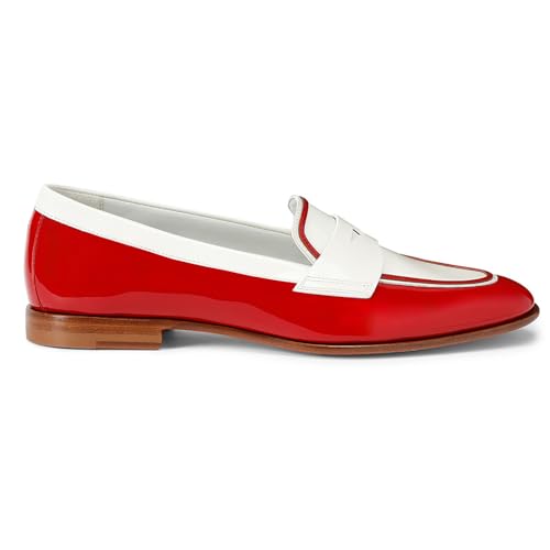 Image of Women Patent Slip On Loafer Flats Two Tone Round Toe Flat Heel Penny Loafers Casual 1 inch Low Heel Loafer Dress Shoes Oxford Comfort Chic Colorblock Office Ladies 4-11 M US