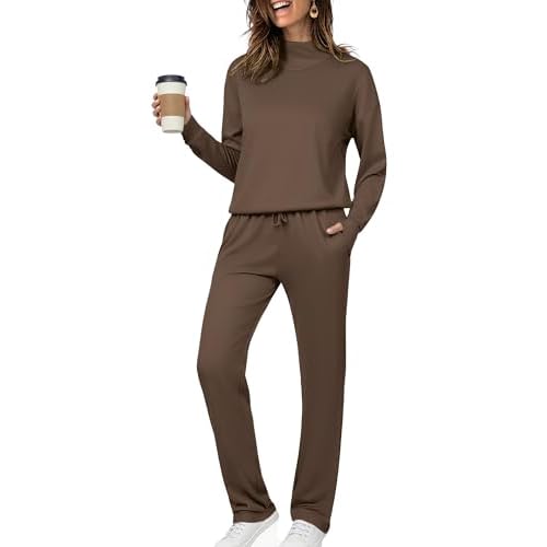 Totatuit Womens Lounge Sets Two Piece Tracksuits Casual Sweatsuits Mock Neck Tops with Thumb Holes Fall Outfits Light Brown Small