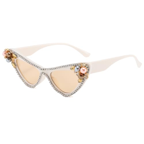 Long Keeper Crystal Sunglasses for Women Luxury Rhinestone Pearl Cateye Sunglasses Cat Eye Bling Party Festival Sun Glasses