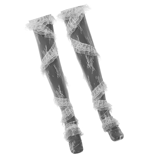 Image of Womens Aesthetic Sheer Flower Lace Thigh High Stockings Sweet Twill Ruffle Trim Patchwork Loose Over Knee Long Socks