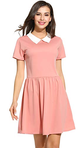 Pogt Pink Doll Collar Dress Cute Casual Summer Dress Womens Work Dresses (M, Pink) #TOP1