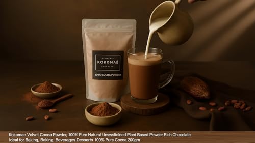 Image of KOKOMAE Velvet Cocoa Powder | 100% Pure Unsweetened Natural Cocoa | Vegan & Gluten Free | No Palm Oil | Indian Cacao | For Baking, Hot Chocolate, Beverages & Desserts | Small Batch Artisanal | 200g