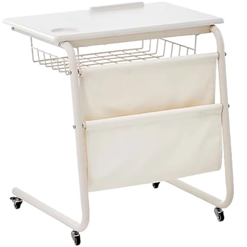 Mesa auxiliar ajustable en forma de C con ruedas, mesa auxiliar de madera para sofá, mesita de noche, sala de estar, dormitorio y oficina (beige blanco)
