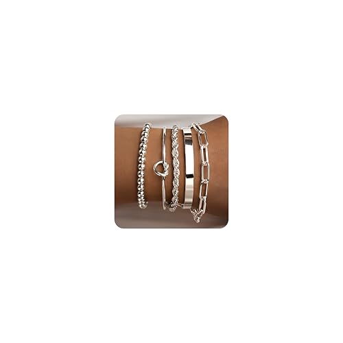 Gokeey Silver Cuff Bracelets for Women,Dainty Silver Bangles Bracelets Set for Women, Paperclip Link Chain Rope Beaded Tie Knot Bracelets Stack Chunky Jewelry