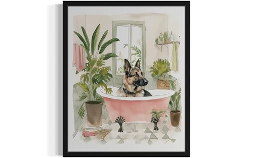Image of German Shepherd in Bathtub Black Framed Wall Art Poster Print, Animal Bathtub Restroom Wall Art Painting for Bathroom Decor Gallery Gallery 30 (German Shepherd in Bathtub, 24 inch L x 18 inch W, Black Frame)