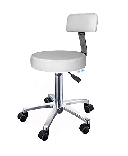 Taburete Giratorio Blanco con Respaldo, Altura Ajustable (50–67 cm), Base Cromada de 5 Ruedas, Tapizado en PU Antimanchas, Silla Ergonómica para Oficina, Estética o Hogar