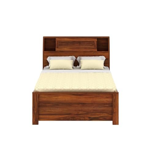 Image of Ganpati Arts Solid Sheesham Wood Marine Groove 4 Feet Bed with Box Storage and Large Headrest for Living Room, Bedroom and Home (Natural Finish) 1 Year Warranty