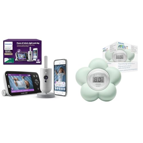 Philips Set Avent Premium Connected Videophone, das bisher Beste Babyphone, Schlaf- und Atmungs-Tracking mit KI, SCD973/26 + Avent Digitalthermometer (Modell SCH480/00)