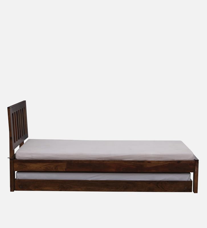 Image of Solid Sheesham Wood Wave Single Size Trundle Bed with 1 Extra Pullout Bed | Wooden Single Bed Cot Palang Furniture for Bedroom Living Room Home and Hotel (Provincial Teak Finish)