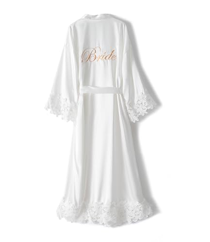 VOGUEMAX Womens Long Bride Bridesmaid Robe Lace Trim Sleepwear Getting Ready of Wedding Silky Kimono Robe