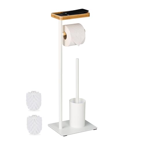 Relaxdays WC Garnitur, Bambus, Eisen, freistehender Klopapierhalter, Toilettenbürste mit Bürstenhalter, weiß/natur