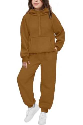 Image of Arshiner Girls 2 Piece Outfits Sweatsuit Half Zip Sweatshirt and Sweatpants | Fall Winter, Drop Shoulder Long Sleeve, Thumbhole Hoodies, with Sweatpant, Jogger Set, Sweat Set, Tracksuits with Pockets