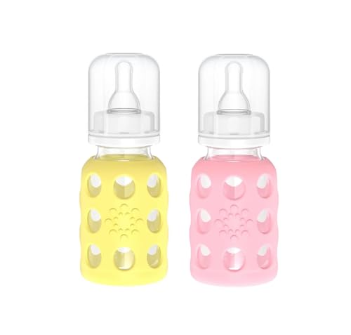 Image of Lifefactory Glass Baby Bottle BPA Free | Protective Silicone Sleeve | 4 oz Pack of 2 | Pink, Banana