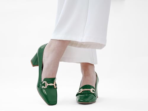 Image of Womens Mid Block Chunky Heeled Loafers Closed Square Toe Patent Leather Comfortable Slip On Pumps Metal Chain Basic Classic Casual Work Office Dress Shoes 2.8 Inches Heels