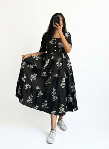 Image of Women's Cotton Floral Leaf Print Tiered Midi Dress - Square Neck, Short Sleeve A-Line Smock Dress for Casual Summer & Vacation Wear