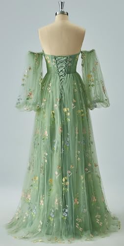 Flower Embroidery Tulle Prom Dress Floor Length Long Puffy Sleeve Evening Party Gowns2