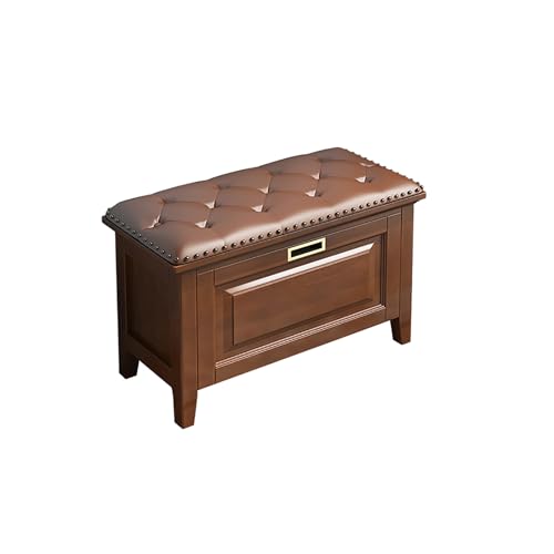 Banco de almacenamiento de zapatos de nogal con asiento acolchado, zapatero de entrada de madera maciza con cajones abatibles, zapatero de pie para pasillo y armario (31 x 14 x 18 pulgadas)