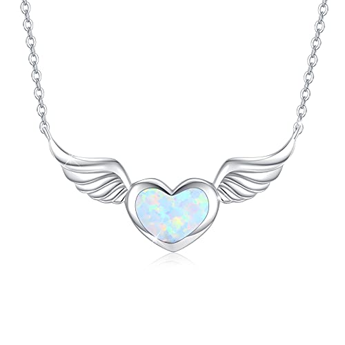 Love Heart Angel Wing Necklace 925 Sterling Silver Synthetic Opal Heart Angel Wings Pendant Necklace Jewelry Gifts for Women