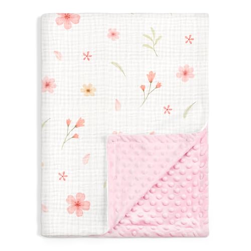 Image of Floral Baby Blankets for Girls Newborn, Soft Nursery Minky Blankets with Muslin and Dotted Fleece Back 30x40 inches, Receiving Bed Quilt for Infants, Toddlers