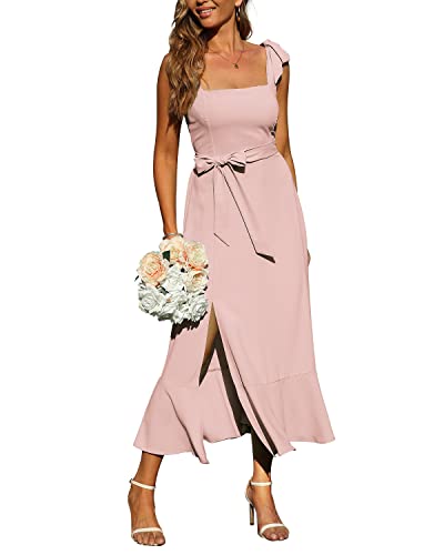 Women's Formal Wedding Guest Dress Square Neck Elegant Bridesmaid Dresses Ruffle Split Midi Dresses For Women Evening Party Xl Pink #TOP6