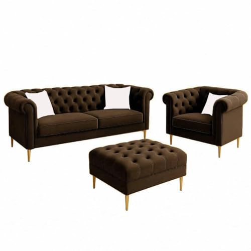 Image of Chesterfield Velvet Upholstery 3-Seater with Armchair and Footrest, Design in 3+1+Footrest Sofa for Living Room, Bedroom, Hallways (Brown)