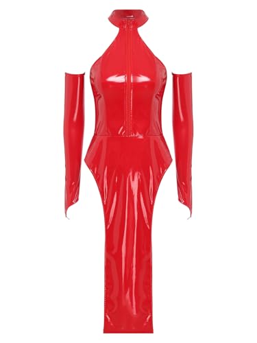 Vxuxlje Damen Lederkleid Latex Bodycon Kleid Mit Abnehmbaren Ärmeln Wetlook Kleidung Rave Party Clubwear Nachtclub Outfit Rot M