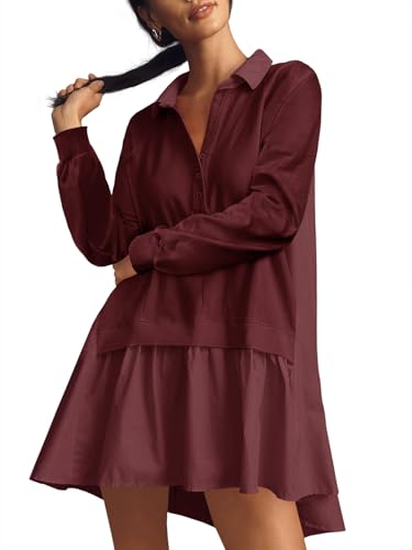 Fisoew Womens Oversized Sweatshirt Dress Long Sleeve V Neck Patchwork Casual Pullover Tops Loose Fit Mini Dresses