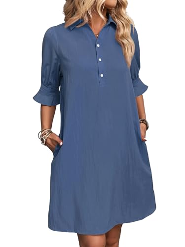 Image of FENSACE Womens Casual Shirt Dress Ruffle Sleeve Button Down Shift Summer Dresses with Pockets