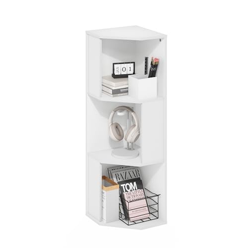 Image of Furinno ECON Corner Shelf, 3-Tier Corner Book Shelf, Standing Storage Shelves, Cube Display Rack, Bookshelf, for Organization and Storage, Living Room, Home Office, White