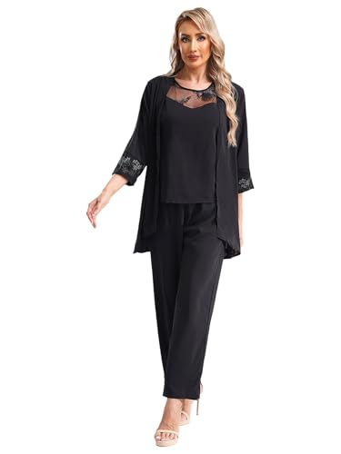 Women's Chiffon Pants Suits 3 Pieces Outfit Sets Wedding Party Outfit Evening Dress Suit