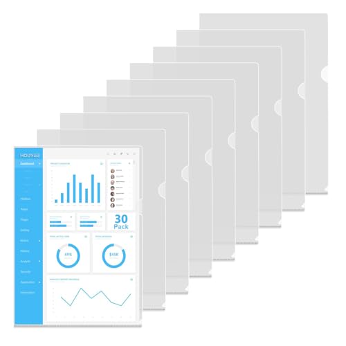 HOUYEE 30 Pack Heavy Duty Clear Document Folder, Plastic Paper Sleeve Fit for Letter Size Paper, for Home, Office, and School Use Transparent 30