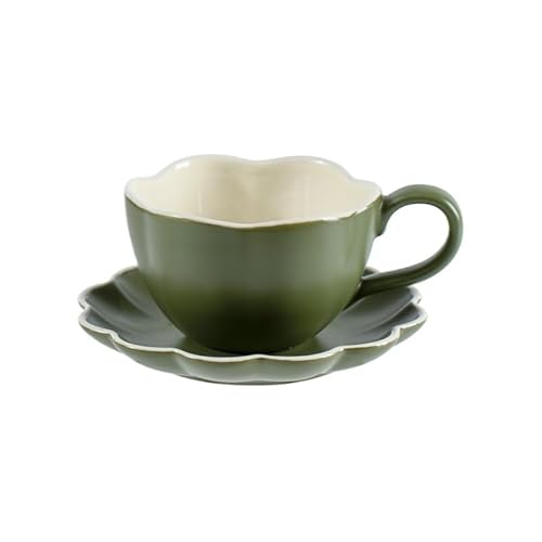 Tloszu セラミックコーヒーカップ&ソーサーセット 280ml 容量 マイクロ波可用 円形の花型デザイン 朝食やおやつのために ペアで使用可能